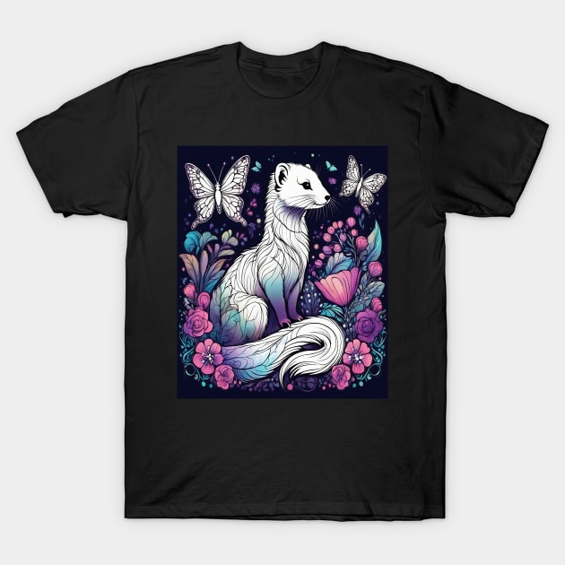 Ferret In Cottage Core and Filigree Style Art T-Shirt by BirdsnStuff